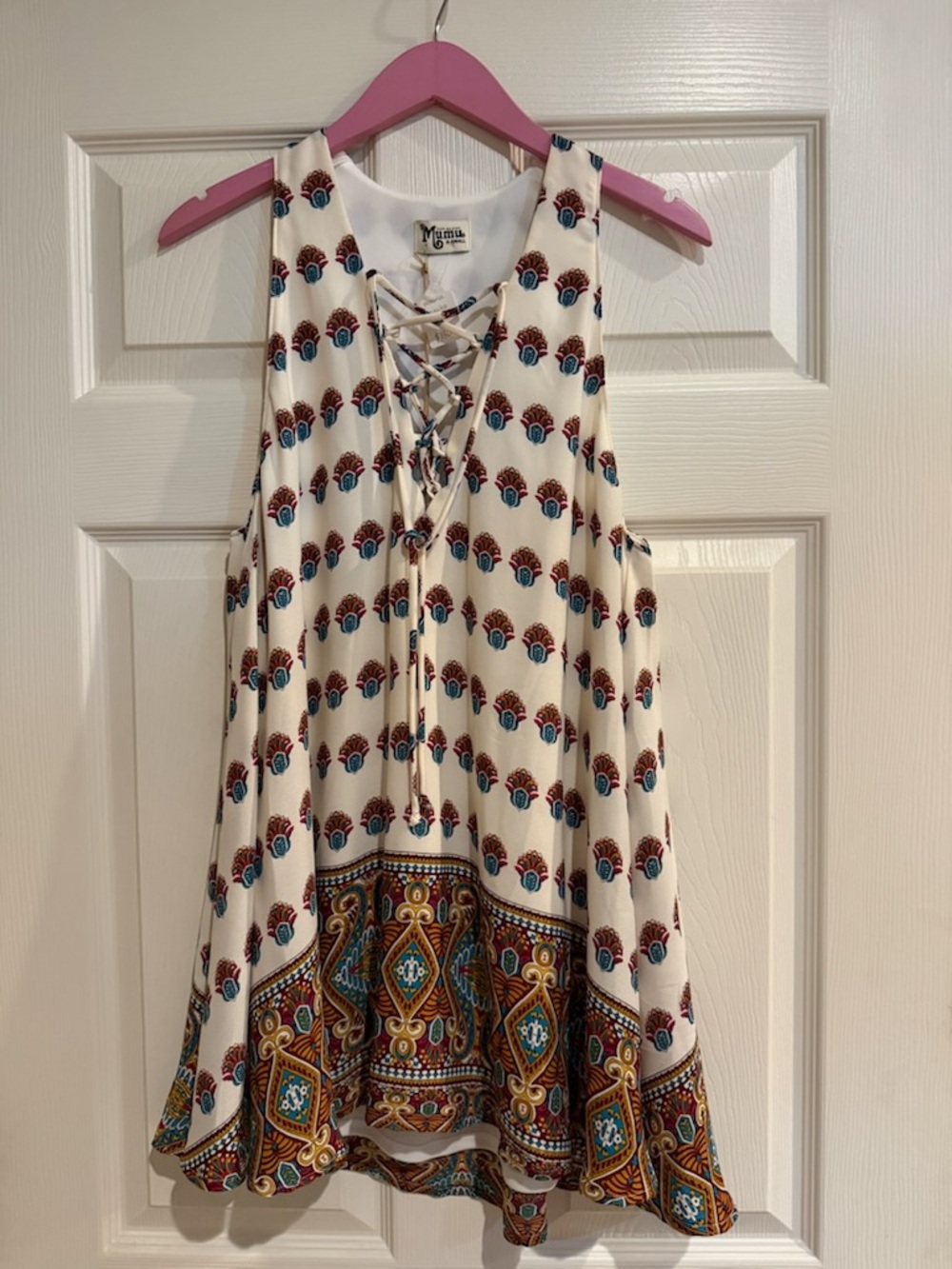 Show Me Your MuMu Cream Mini Dress with Multicolor Border Print